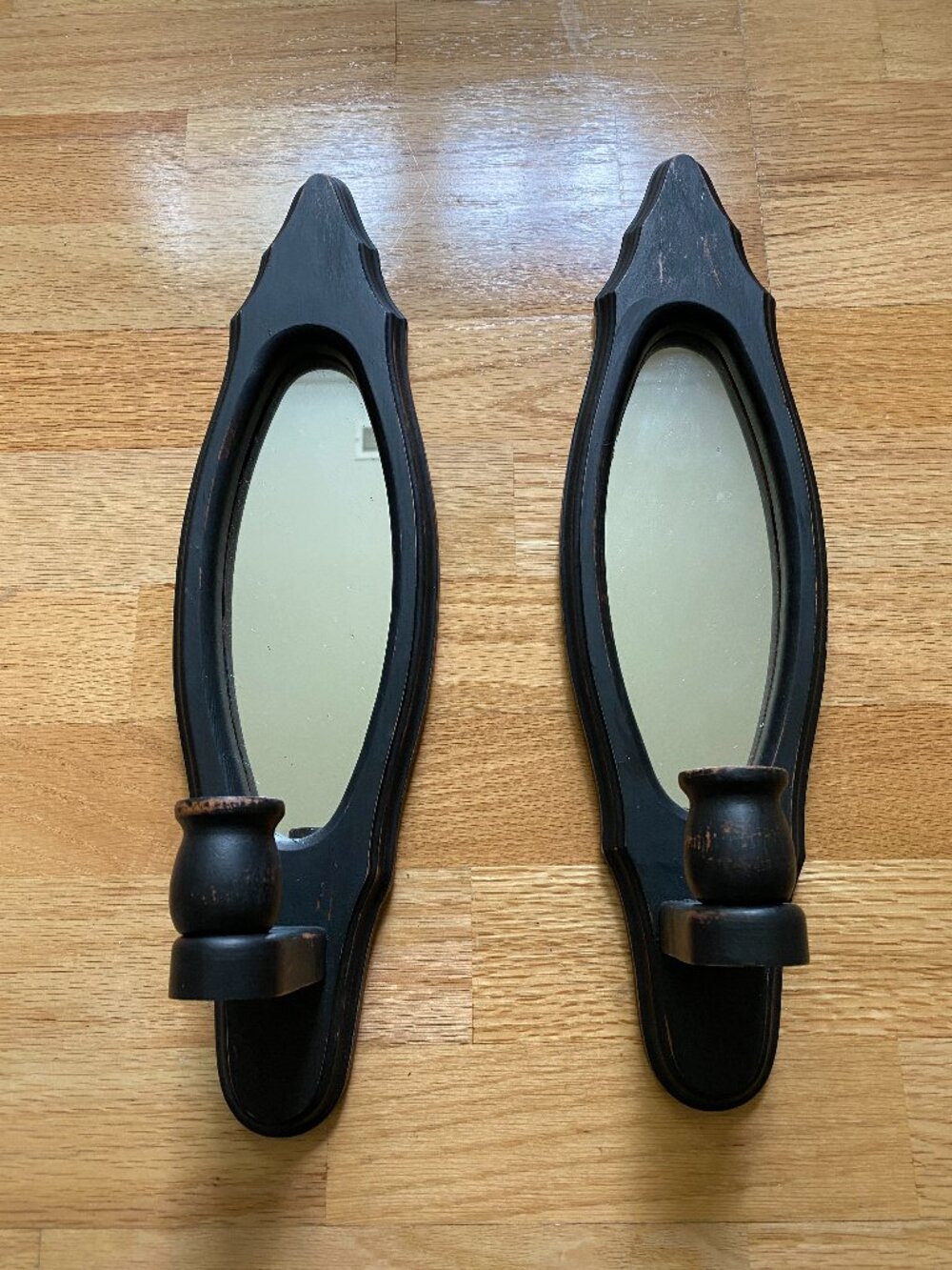 Set of 2 Vintage Rustic Black Wood Mirrored Wall Sconce Candle Holder